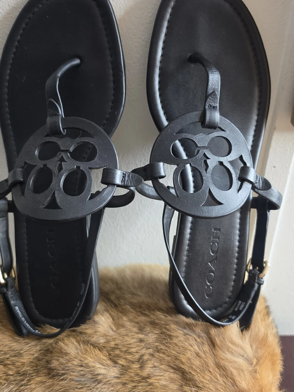 Coach Women's Black Leather Cutout Logo Sandals